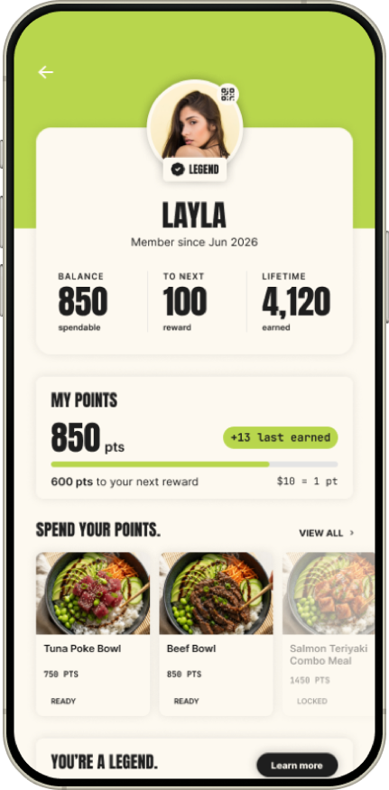A guest's loyalty home in a branded app, showing points balance, tier and redeemable rewards